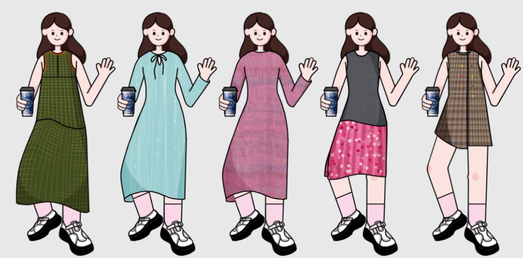五种不同服装搭配的女性角色插画