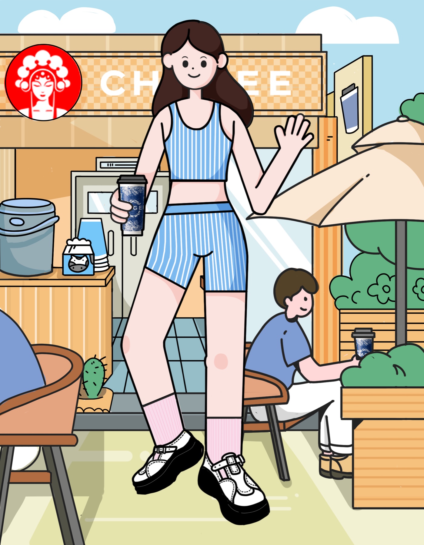 霸王茶姬门店场景插画与换装角色